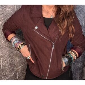 Kenneth Cole Reaction Burgundy Faux Suede Moto Jacket Womens Large